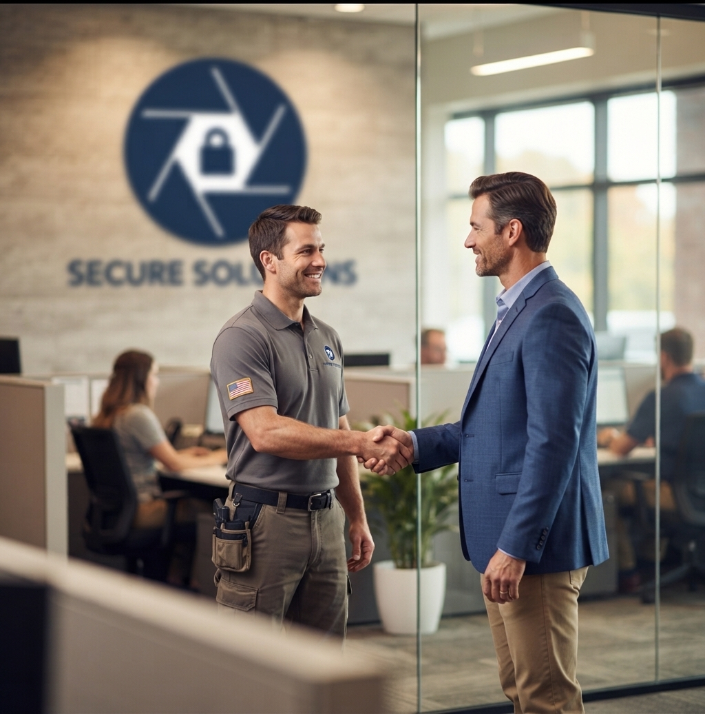 A Priority Lock technician meeting a property manager on site